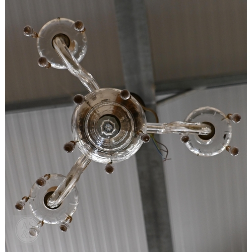 413 - A three branch clear glass electrolier to/w a small brass and glass basket pendant shade (2)