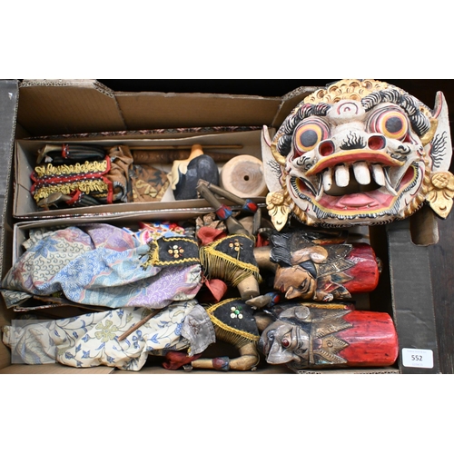 552 - Four Javanese Wayang Golek puppets with painted wooden heads - two boxed with stands, to/w a painted... 
