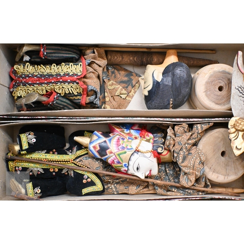 552 - Four Javanese Wayang Golek puppets with painted wooden heads - two boxed with stands, to/w a painted... 