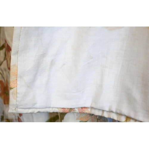 569 - Pair of lined curtains with machine-embroidered floral design on cream fabric, 181 x 170 cm drop