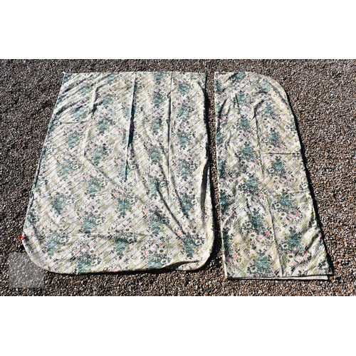 570 - A pair of vintage floral curtains with raised trellis design and curved top, 260 x 182 cm drop