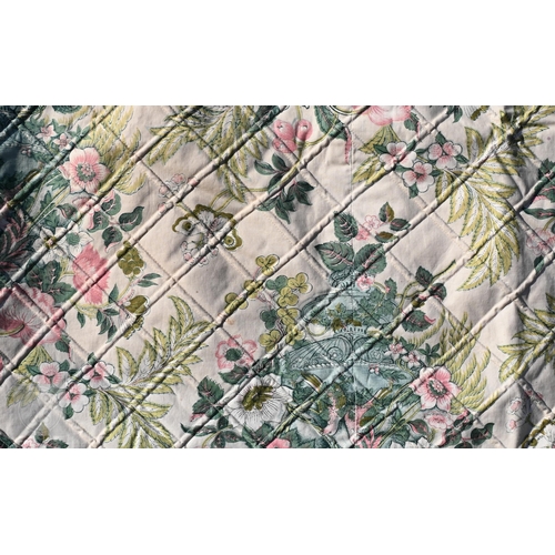 570 - A pair of vintage floral curtains with raised trellis design and curved top, 260 x 182 cm drop