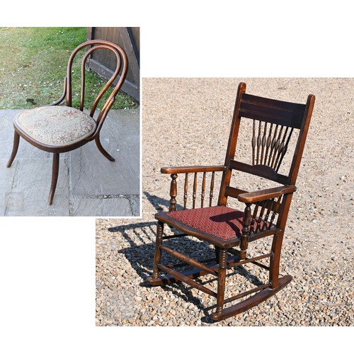 259 - #An antique beach spindle back rocking chair to/w Thonet style bentwood children's chair (2)