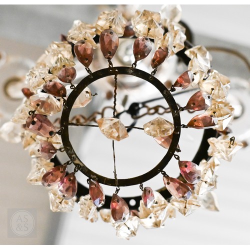 413 - A three branch clear glass electrolier to/w a small brass and glass basket pendant shade (2)