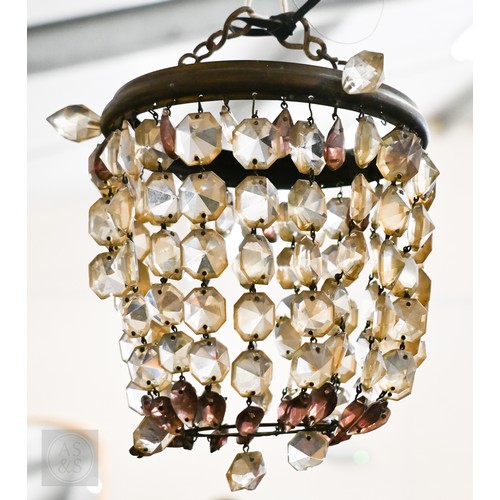 413 - A three branch clear glass electrolier to/w a small brass and glass basket pendant shade (2)