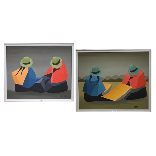 Chavez - a pair of Peruvian figurative Cubist studies in the manner of Portocarrero, oil on board, signed, 47 x 58 cm (2)