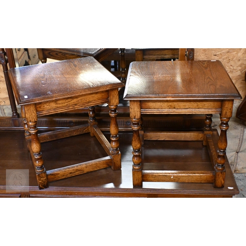 63 - A pair of square oak lamp tables in the Old Charm manner, 45 cm x 45 cm x 46 cm h (2)