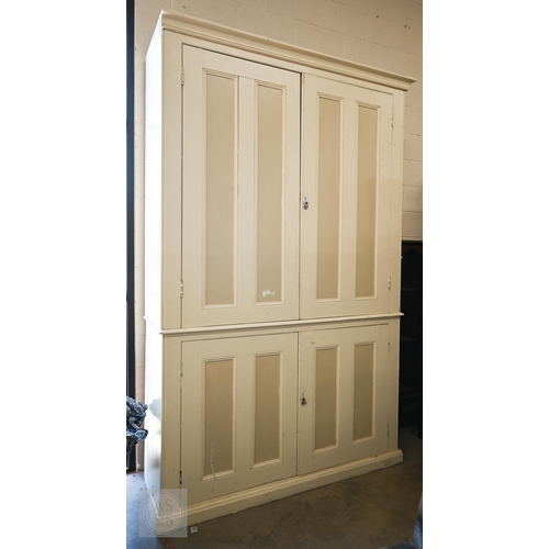 A large antique pine two section painted cupboard in two-tone painted finish, 166 x 60 x 266 cm high