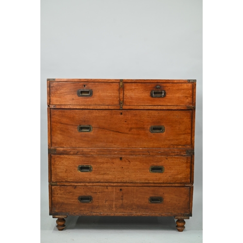 510 - A Victorian brass bound teak two part campaign chest of two short over three irregularly graduated l...