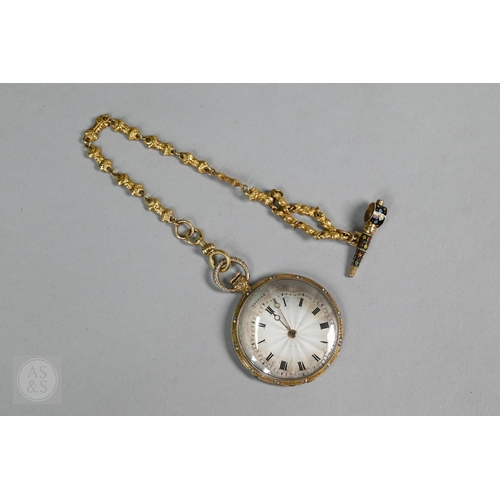 Moynier & Fils, Geneva, an enamel and gold open faced lady's pocket watch circa 1830, the engine turned silvered dial with Roman numerals and gilt hands, signed 'Moynier', the case no. 28174, overall 33 mm dia. to/with a fine cast link gold chatelaine, 15 cm long, and enamelled gold key