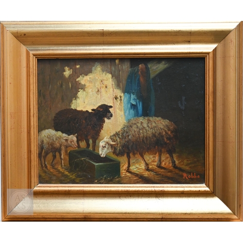 401 - Louis Robbe (1806-87) - Sheep in a barn interior, oil on board, signed lower right, 23 x 29 cm, 37 x... 