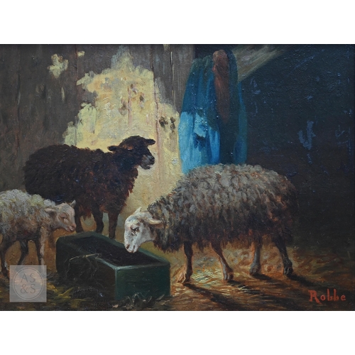401 - Louis Robbe (1806-87) - Sheep in a barn interior, oil on board, signed lower right, 23 x 29 cm, 37 x... 