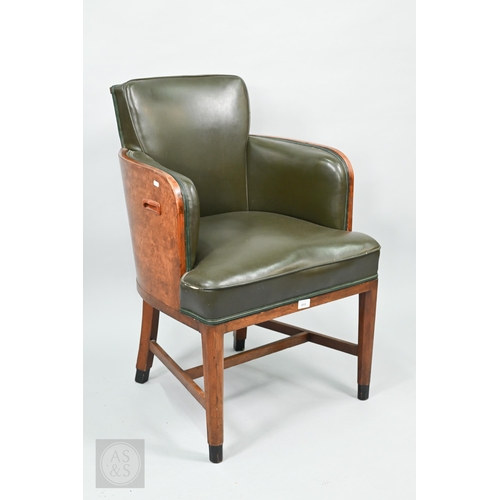An Art Deco Cunard White Star Line RMS Queen Elizabeth tourist lounge chair, burr ash/walnut with original green upholstery, the underside stencilled in white capitals 'TOURIST LOUNGE', one of the original furnishings for the 1936 launch of the ship