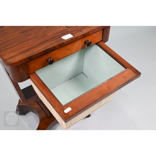 50 - A Victorian mahogany work table, the rectangular top with frieze drawer over a tapering pleated silk... 