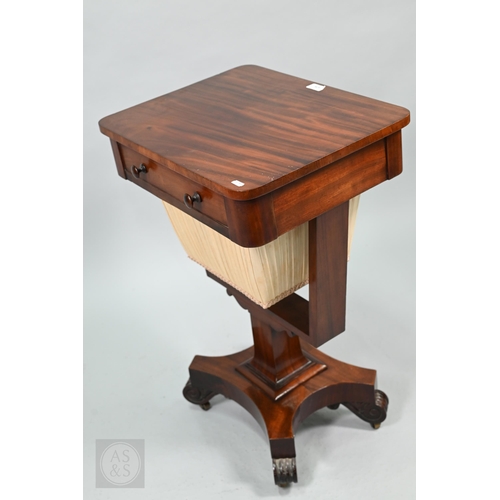 50 - A Victorian mahogany work table, the rectangular top with frieze drawer over a tapering pleated silk... 