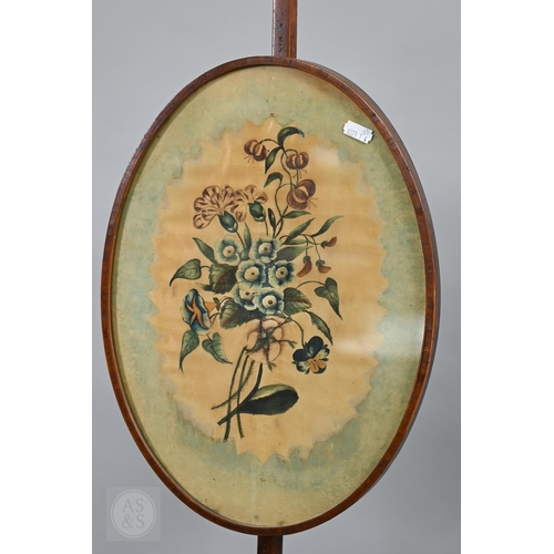 52 - A close matched pair of Sheraton design line inlaid tri-form base pole screens, the rise and fall gl... 
