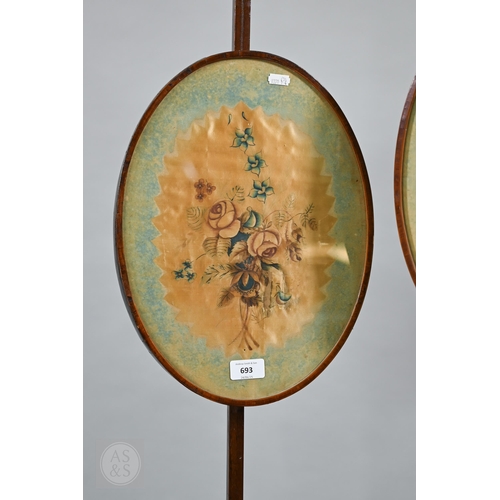52 - A close matched pair of Sheraton design line inlaid tri-form base pole screens, the rise and fall gl... 