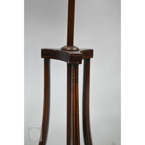 52 - A close matched pair of Sheraton design line inlaid tri-form base pole screens, the rise and fall gl... 