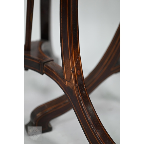 52 - A close matched pair of Sheraton design line inlaid tri-form base pole screens, the rise and fall gl... 