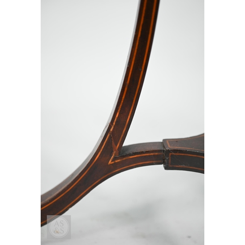 52 - A close matched pair of Sheraton design line inlaid tri-form base pole screens, the rise and fall gl... 