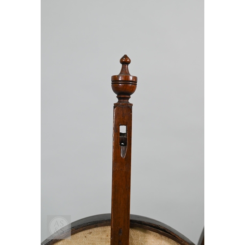 52 - A close matched pair of Sheraton design line inlaid tri-form base pole screens, the rise and fall gl... 