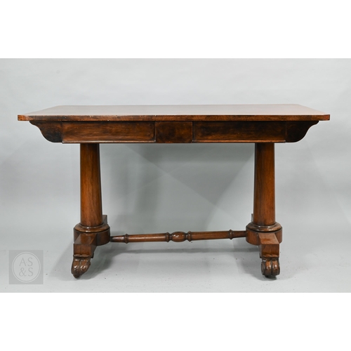 53 - A Victorian rosewood centre table, the rectangular top with rounded corners over a frieze drawer and... 