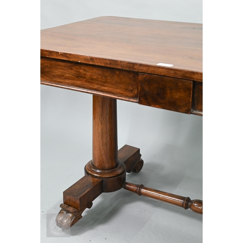 53 - A Victorian rosewood centre table, the rectangular top with rounded corners over a frieze drawer and... 