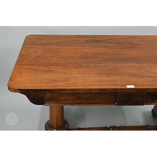 53 - A Victorian rosewood centre table, the rectangular top with rounded corners over a frieze drawer and... 