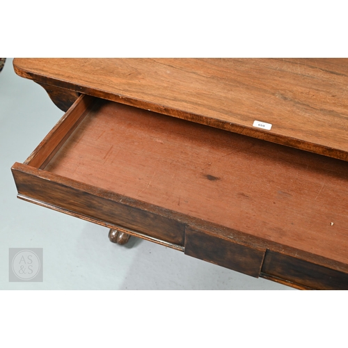 53 - A Victorian rosewood centre table, the rectangular top with rounded corners over a frieze drawer and... 