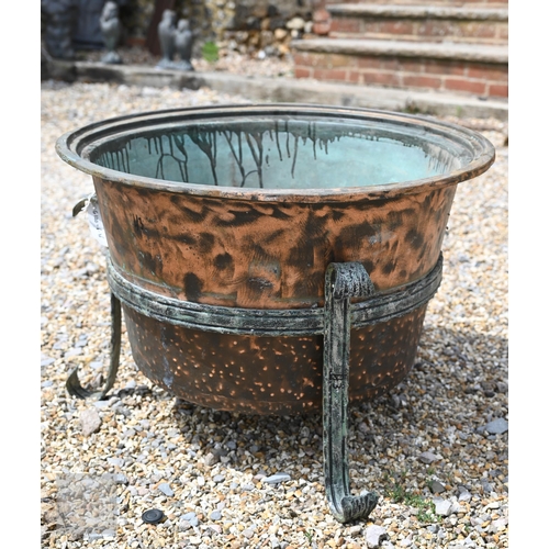 An antique copper pot/planter to/w bespoke tripod stand, 72 cm dia x 54 cm h