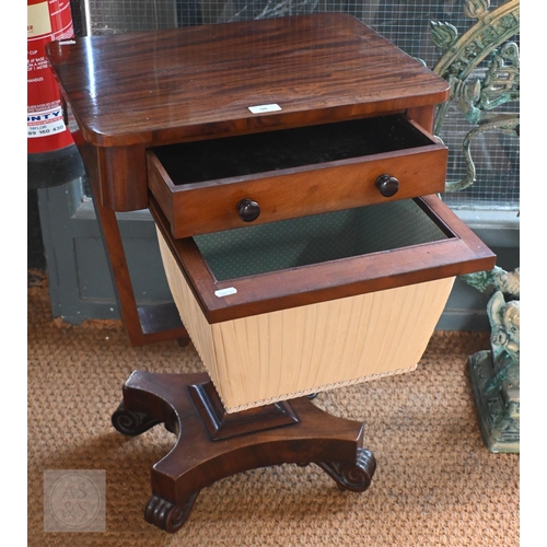 50 - A Victorian mahogany work table, the rectangular top with frieze drawer over a tapering pleated silk... 