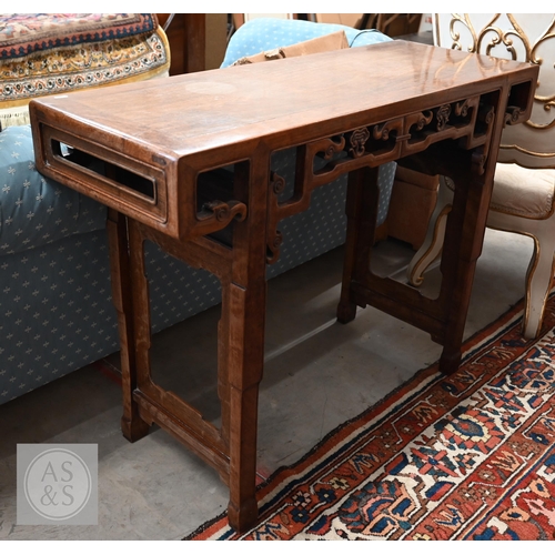 A 20th century Chinese hardwood recessed leg side table, pierced carved frieze with bats and lingzhi in Qing Dynasty style, 110 x 40 x 84 cm high