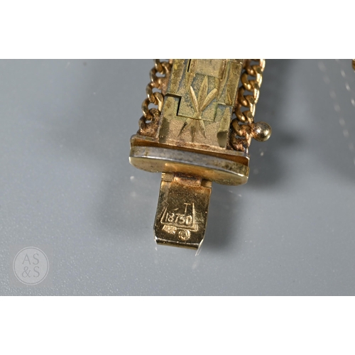 185 - A green jade bead necklace with yellow metal beads and clasp, stamped 14k; another green jade neckla... 