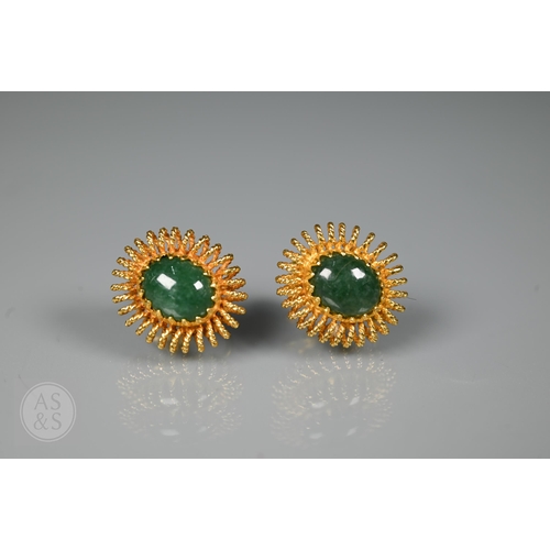 185 - A green jade bead necklace with yellow metal beads and clasp, stamped 14k; another green jade neckla... 