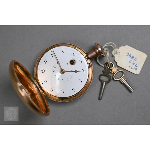 259 - Roskell, Liverpool, an antique 18ct gold cased chain fusee key wind pocket watch, with white enamell... 