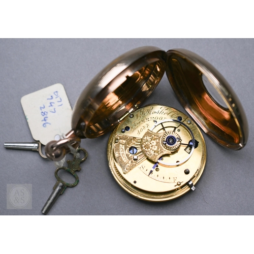 259 - Roskell, Liverpool, an antique 18ct gold cased chain fusee key wind pocket watch, with white enamell... 