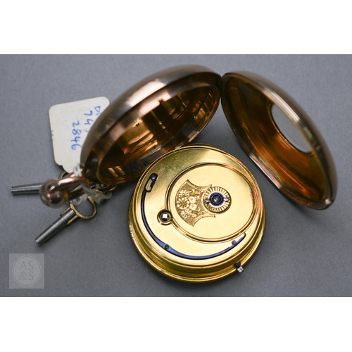 259 - Roskell, Liverpool, an antique 18ct gold cased chain fusee key wind pocket watch, with white enamell... 