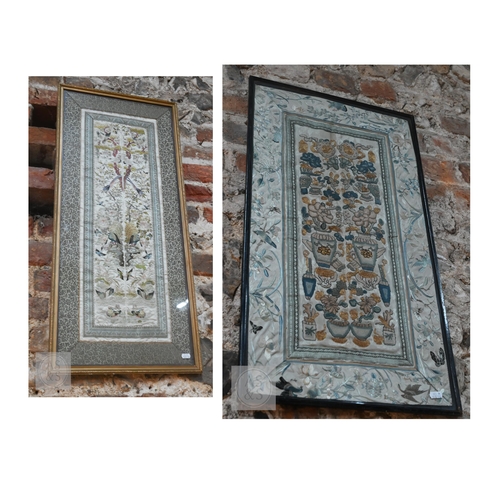339 - Two framed late 19th or early 20th century Chinese silk embroidered panels, the first possibly a dow... 