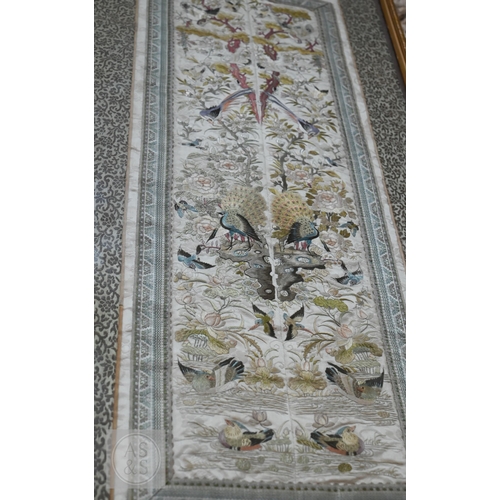 339 - Two framed late 19th or early 20th century Chinese silk embroidered panels, the first possibly a dow... 