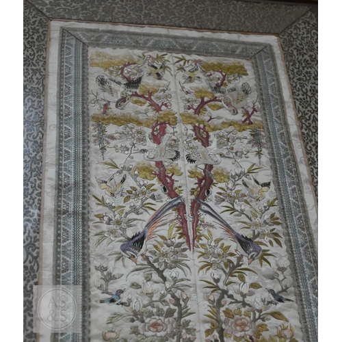 339 - Two framed late 19th or early 20th century Chinese silk embroidered panels, the first possibly a dow... 
