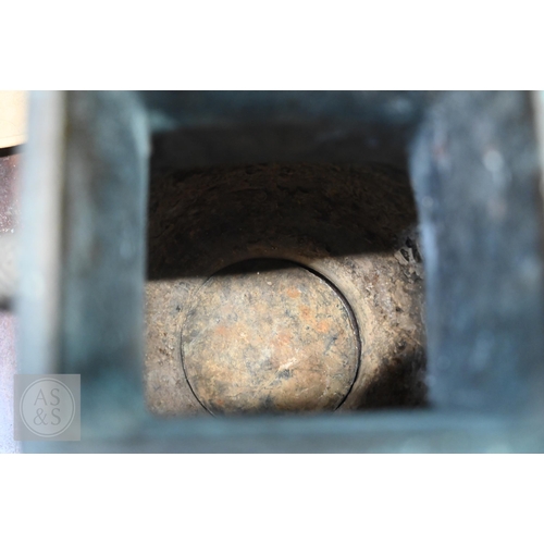 341 - A 19th century Chinese bronze twin handled vase in the form of an archaic ritual vessel, low relief ... 