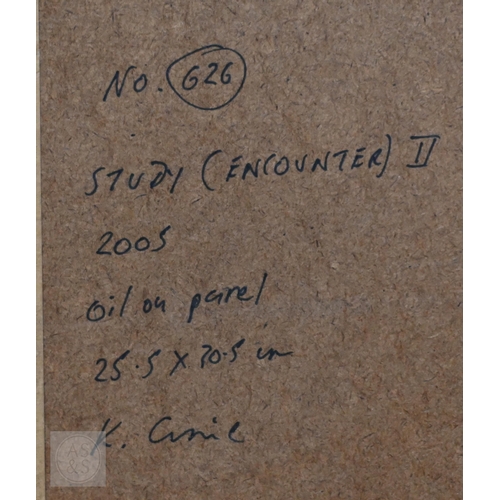 430 - Ken Currie (b 1960) - 'Study (Encounter II)', oil on panel, signed to reverse, 25 x 20 cm Flowers Ea... 