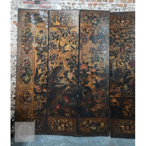 526 - A large antique continental floor standing six panel folding wood and leather screen, hand-painted p... 