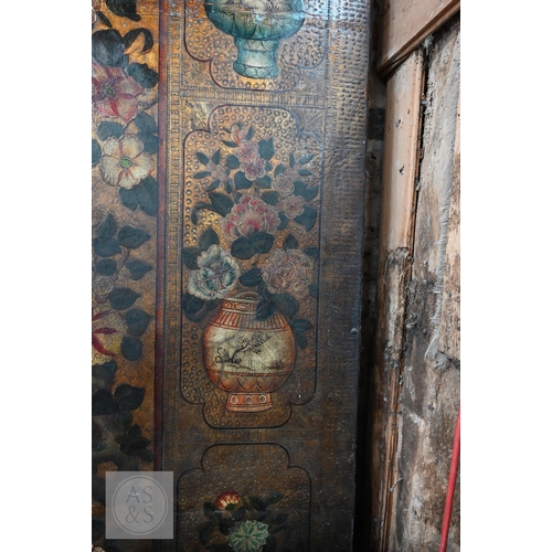 526 - A large antique continental floor standing six panel folding wood and leather screen, hand-painted p... 