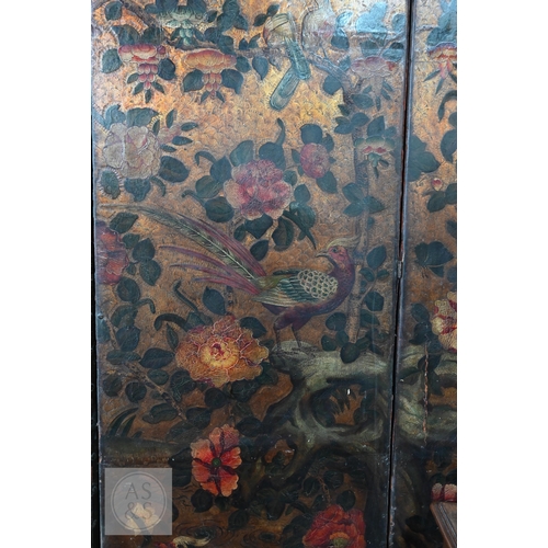526 - A large antique continental floor standing six panel folding wood and leather screen, hand-painted p... 