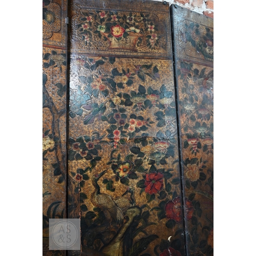 526 - A large antique continental floor standing six panel folding wood and leather screen, hand-painted p... 