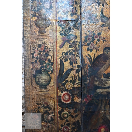 526 - A large antique continental floor standing six panel folding wood and leather screen, hand-painted p... 
