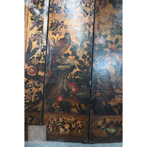 526 - A large antique continental floor standing six panel folding wood and leather screen, hand-painted p... 
