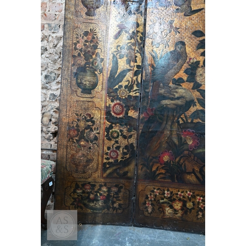 526 - A large antique continental floor standing six panel folding wood and leather screen, hand-painted p... 