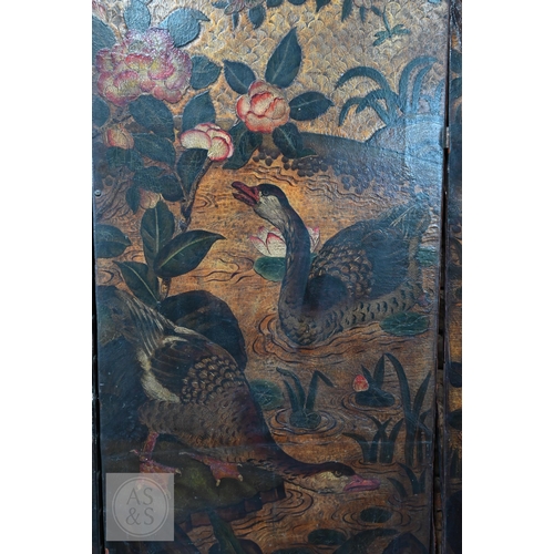 526 - A large antique continental floor standing six panel folding wood and leather screen, hand-painted p... 